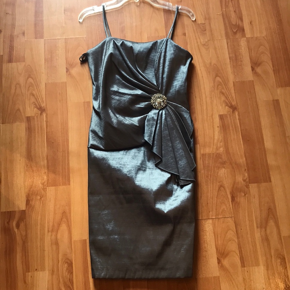 Satin gray metallic silver dress with broach